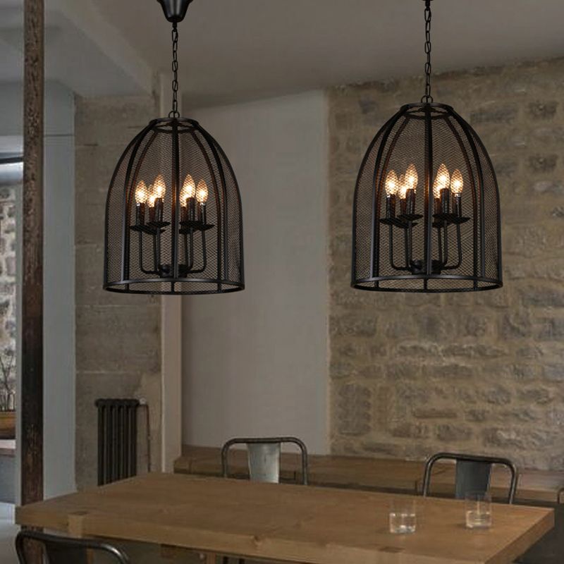 Black Iron Mesh Chandelier Lamp Traditional Metal 6 Lights Living Room Hanging Light