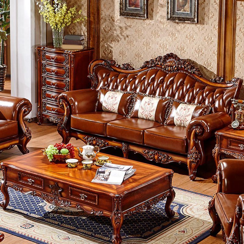 Classic Tufted Split-Back Seating Flared Arm Sofa with Pillows in Brown