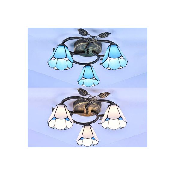 Forma cónica Luz de techo Glass Tiffany 3 luces Fije de techo de montaje en blanco en blanco/azul para sala de estar