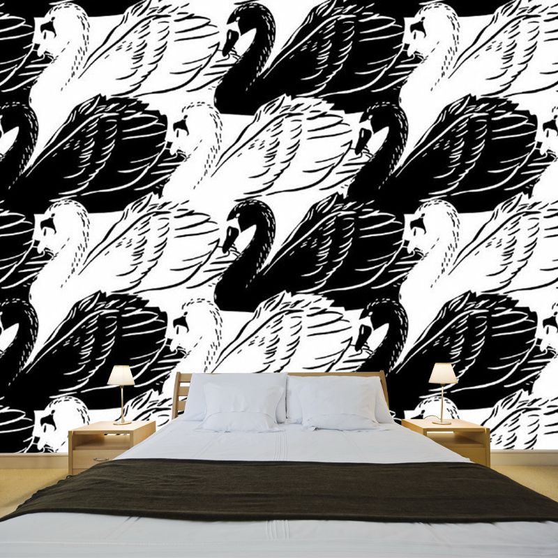 Black-White Swan Wall Murals Decal Stain-Resistant Wall Covering for Living Room