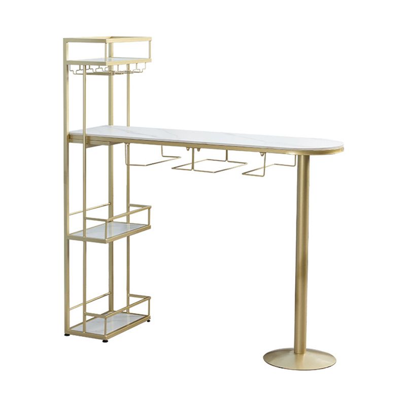 White Stone Indoor Glam Bar Dining Table Iron Double Pedestal Bistro Table with Wine Rack