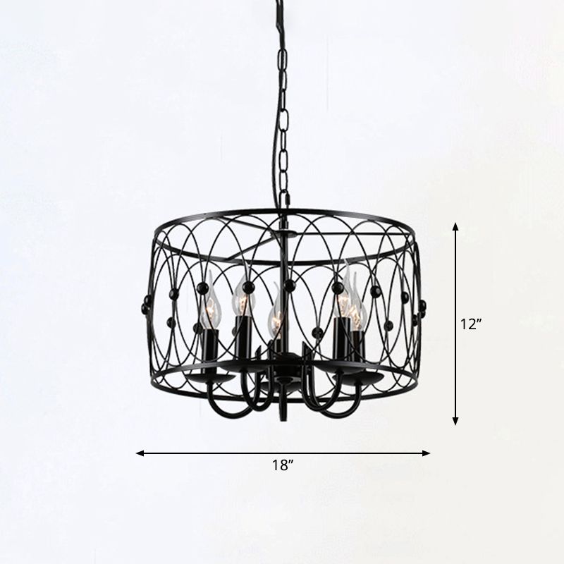 Black Drum Hanging Chandelier Rustic Style Metal 6 Heads Living Room Pendant Ceiling Light with Candle Design