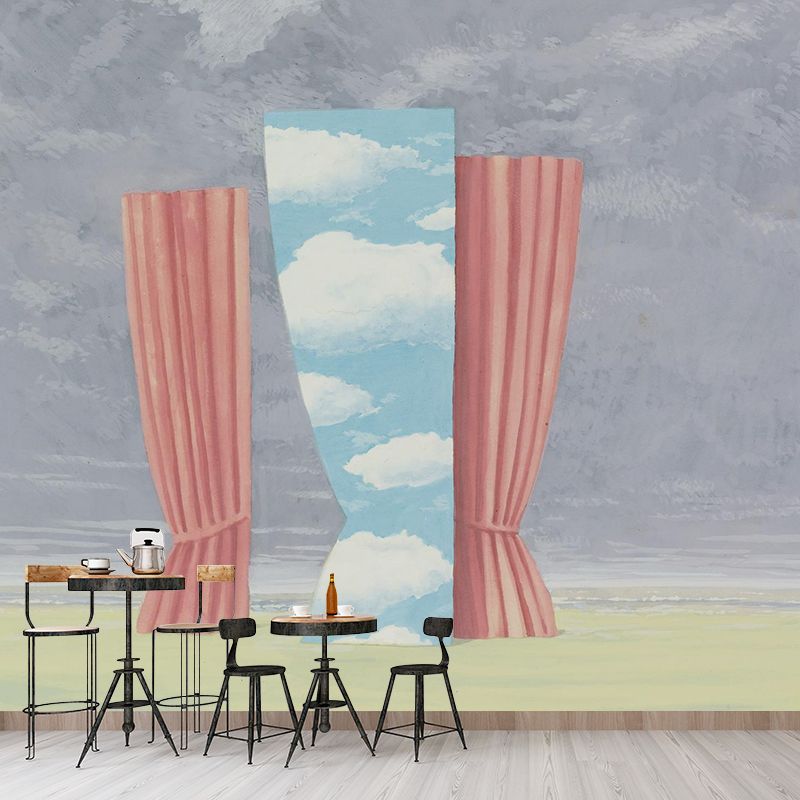 Impressive Curtains Drawing Mural Decal for Living Room, Purple-Pink, Made to Measure