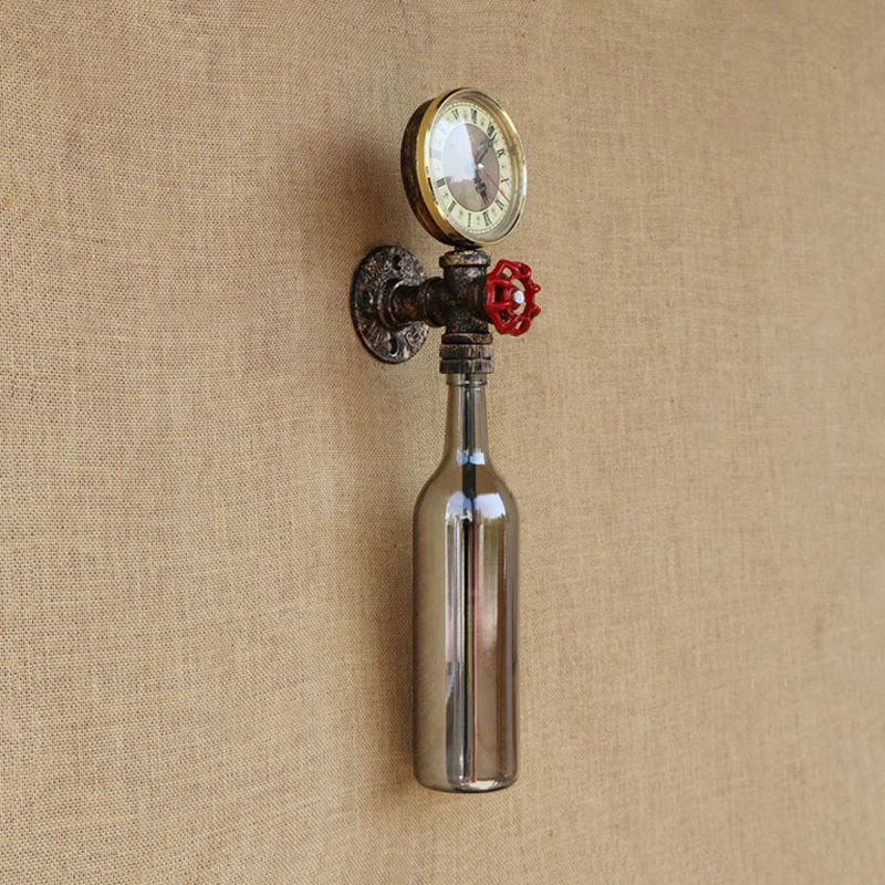 Brown/Blue Bottle Wall Sconce Lamp Vintage Stylish Glass 1 Bulb Living Room Wall Lighting with Gauge and Valve