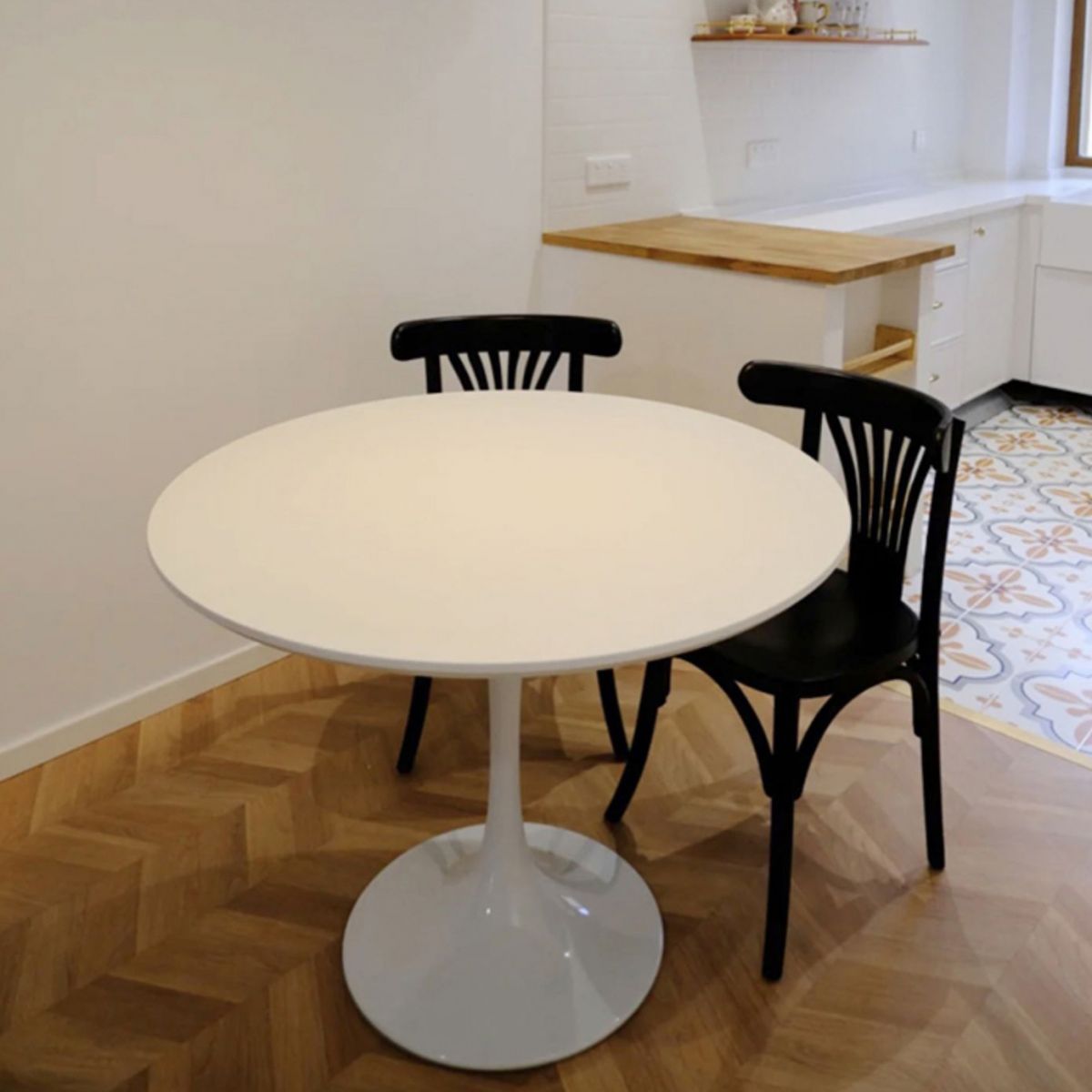 Contemporary Dining Table with White Pedestal Round Stone Top Dining Table