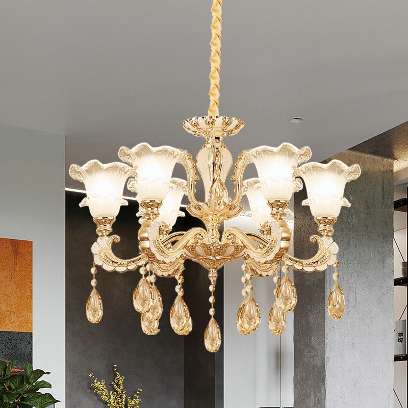 Frosted Glass Gold Pendant Light Ruffle 6 Heads Traditional Chandelier Lamp for Dining Room