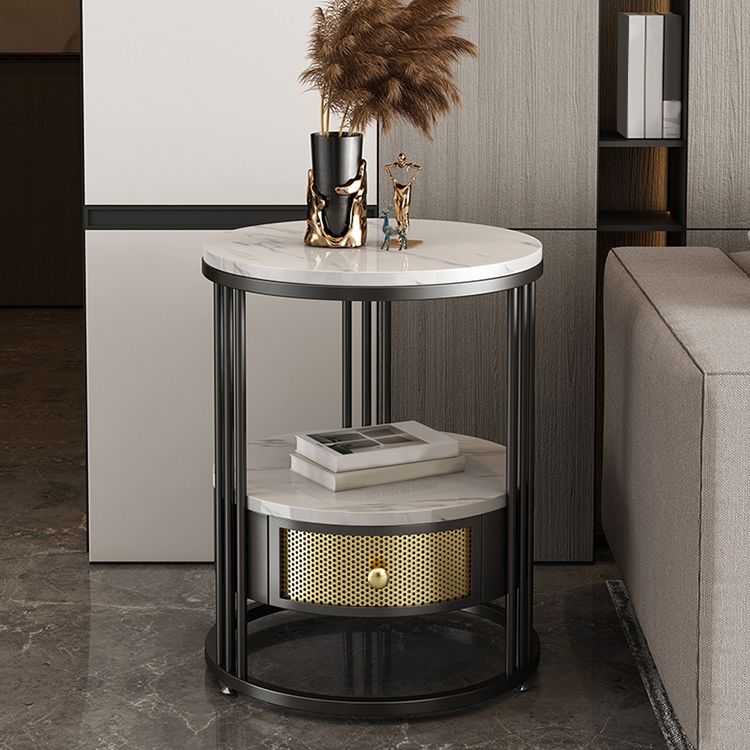 Contemporary Slate Top Round Side End Table Frame End Table with Drawer