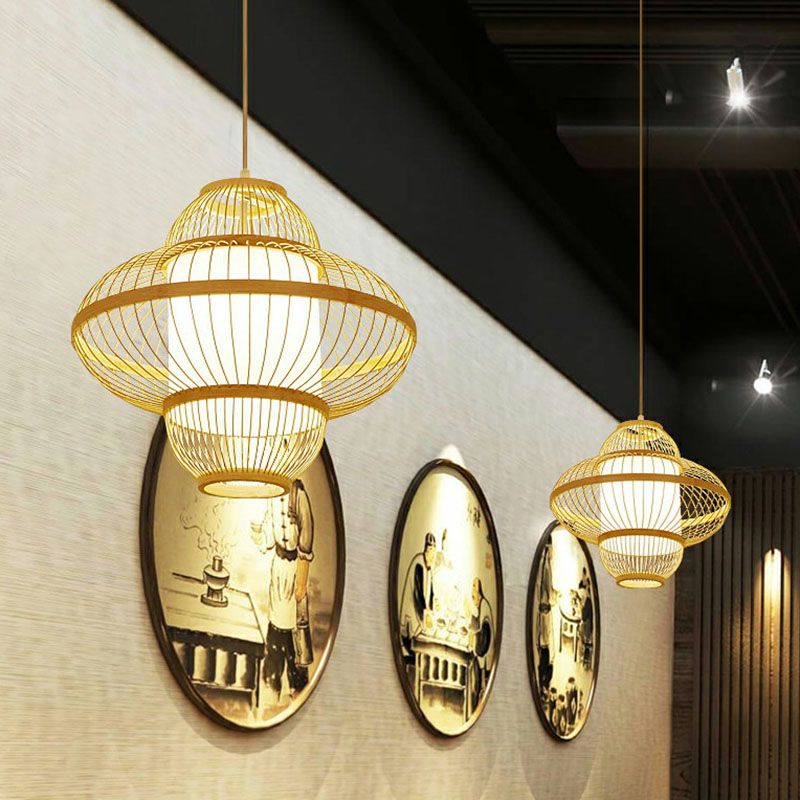 Lantern Ceiling Light Modern Bamboo Single Restaurant Hanging Pendant Light in Wood