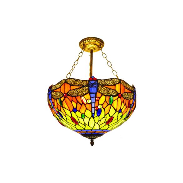 LED de iluminación de techo de estilo barroco, luz de semi-descarga de dragonfly en latón envejecido con sombra de vidrio manchado para dormitorio