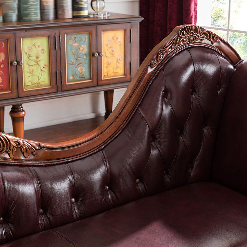 Traditional Dark Brown Genuine Leather Chaise Rolled Arms Tufted Accent Chair