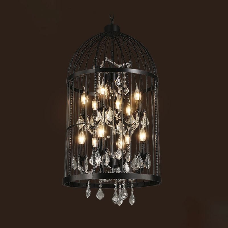 Farm Style Birdcage Chandelier Lamp Metal Pendant Light with Clear Crystal Drapes