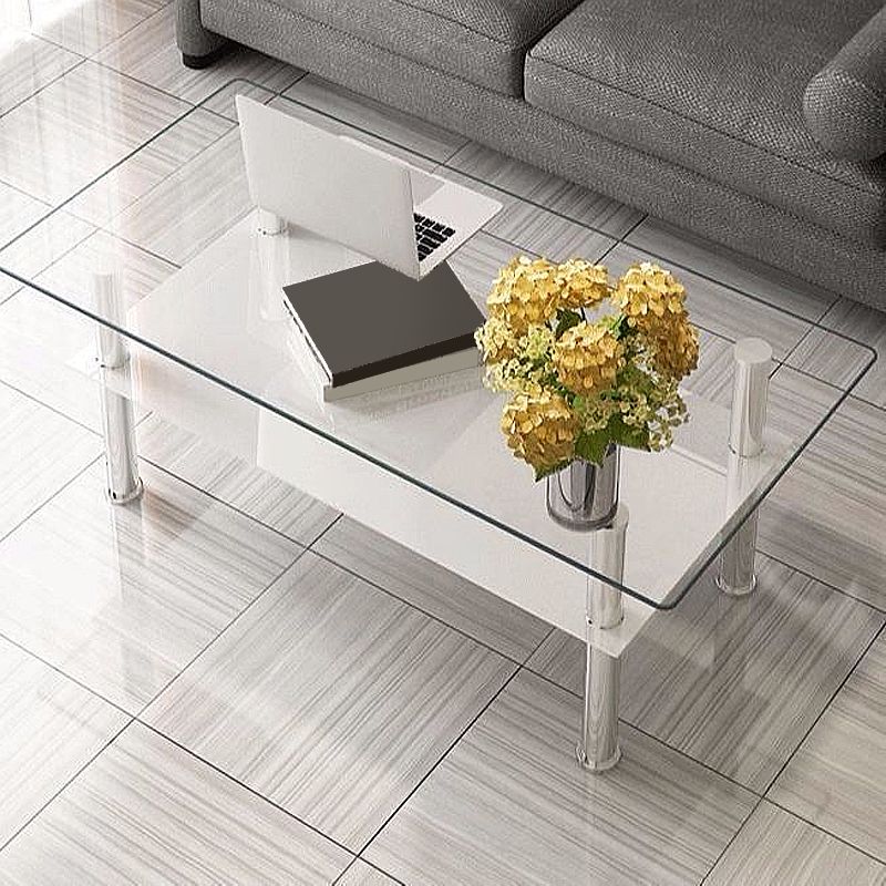 16.9" Tall Modern Stainless Steel 4 Legs Rectangular Glass Top Coffee Table with Shelf