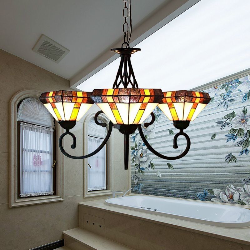 3 Heads Pyramid Shape Chandelier Tiffany Stained Glass Inverted Chandelier for Living Room