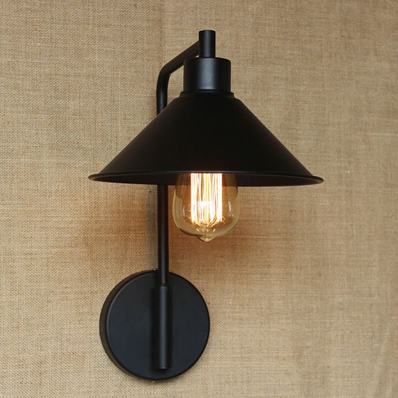 Conical Bedside Reading Light Retro Metal 1-Light Black Wall Mounted Lamp with Rolled Edge
