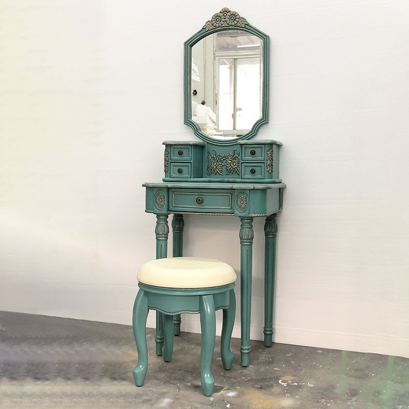 Oak Vanity Set with Stool 64.17" High Vanity with Drawer and Mirror