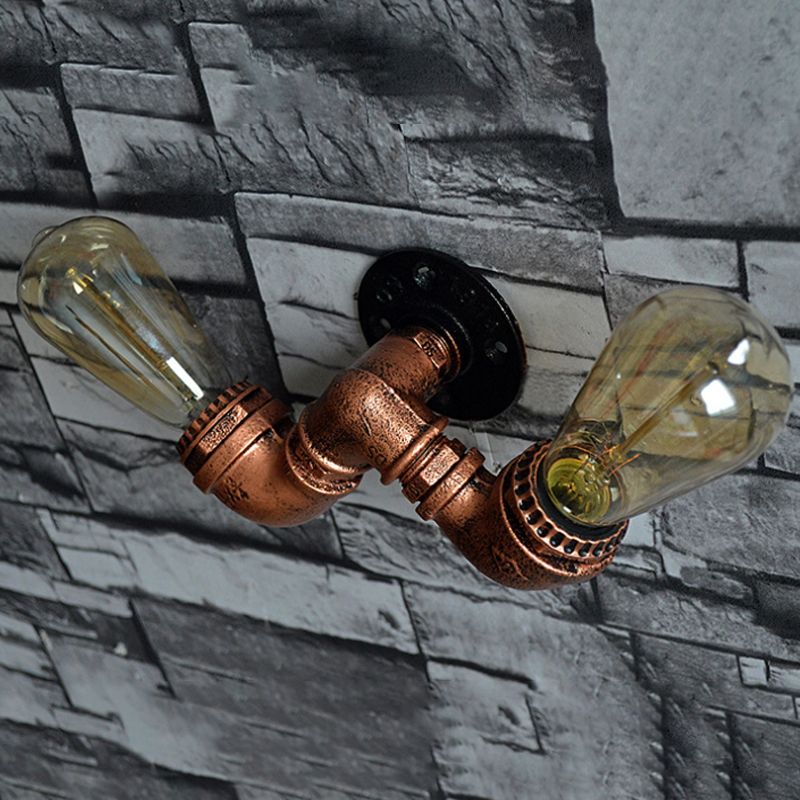 Copper Finish 2 Bulbs Wall Mount Light Rustic Stylish Metal Water Pipe Wall Sconce for Living Room