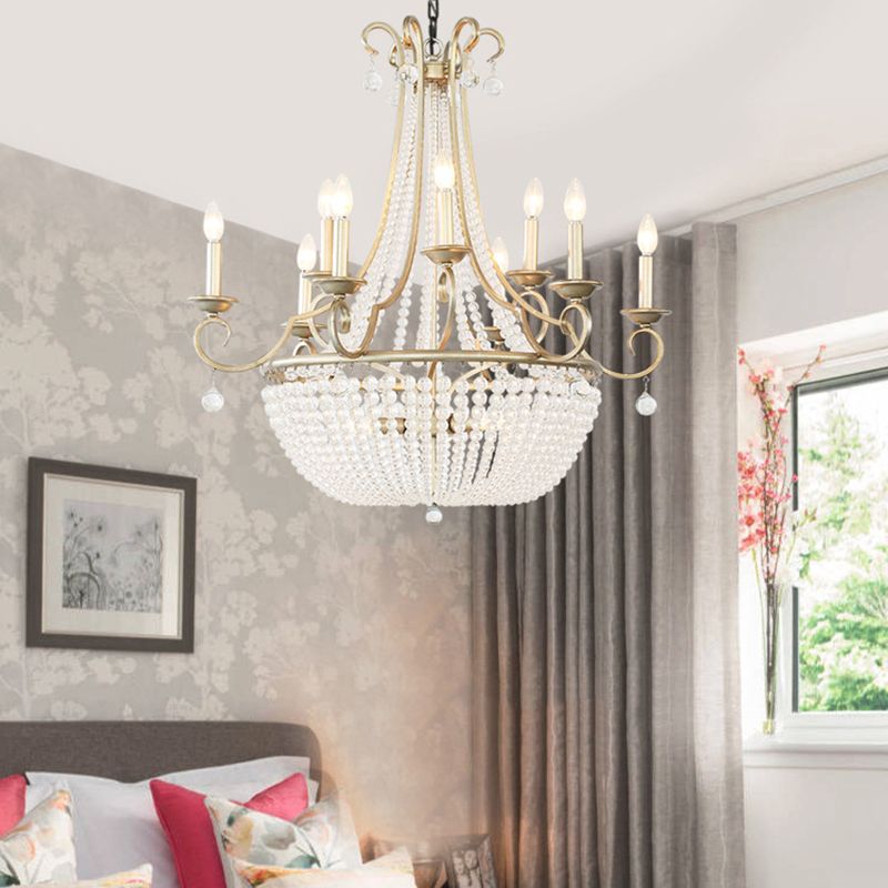 Modernism Candle Ceiling Chandelier Crystal 9 Heads Hanging Light Fixture in Brass for Bedroom