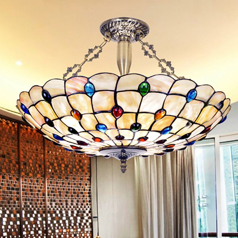 Vintage Bowl Ceiling Light Stained Glass 4 Heads Jewel Semi Flush Ceiling Fixture in Beige