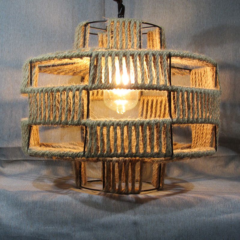 Lantern Shaped Restaurant Pendant Light Antique Hemp Rope 1-Light Beige Hanging Light Fixture with Artificial Ivy
