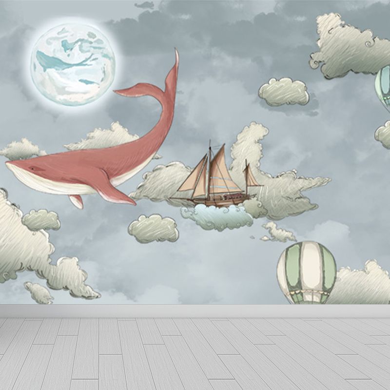 Whale and Sea Mural Decal Pastel Color Children's Art Wall Covering for Kids Room