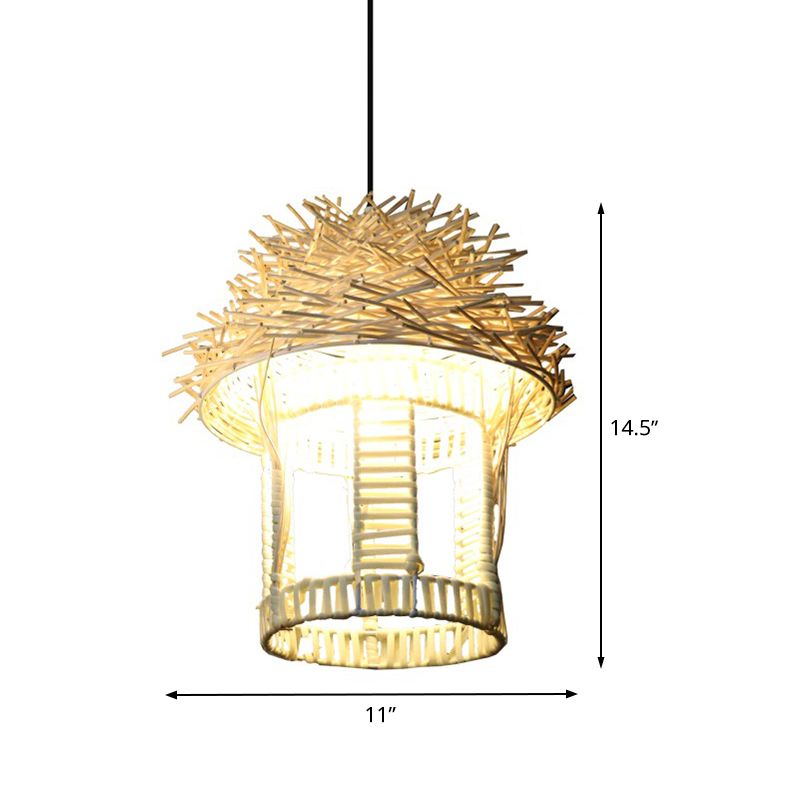 1 Bulb Handcrafted Pendant Lighting Japanese Bamboo Ceiling Suspension Lamp in White