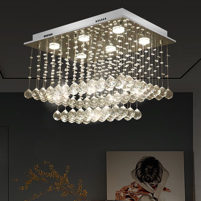 Chrome Finish 5 Bulbs Ceiling Flush Modernism Crystal Beaded Cuboid Flush-Mount Light Fixture