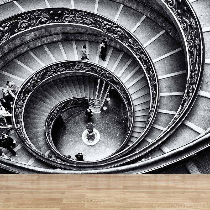 Dark Grey Spiral Stairway Mural Decal Moisture Resistant Modern Bedroom Wall Covering