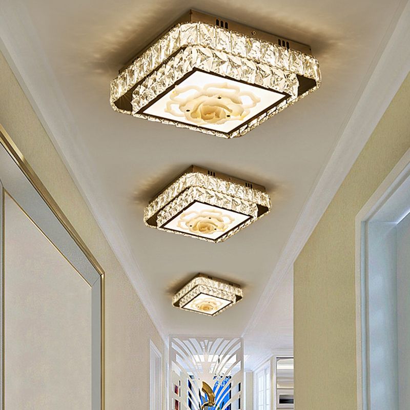 Modern Round/Square Flush Mount Light Faceted Crystal LED Nickel Ceiling Lighting with Floral Design