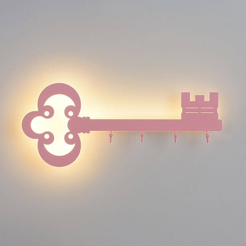 Key Bedroom Sconce Lamp Metal Led Cartoon Wall Mounted Lighting in Black/White/Pink with Hook