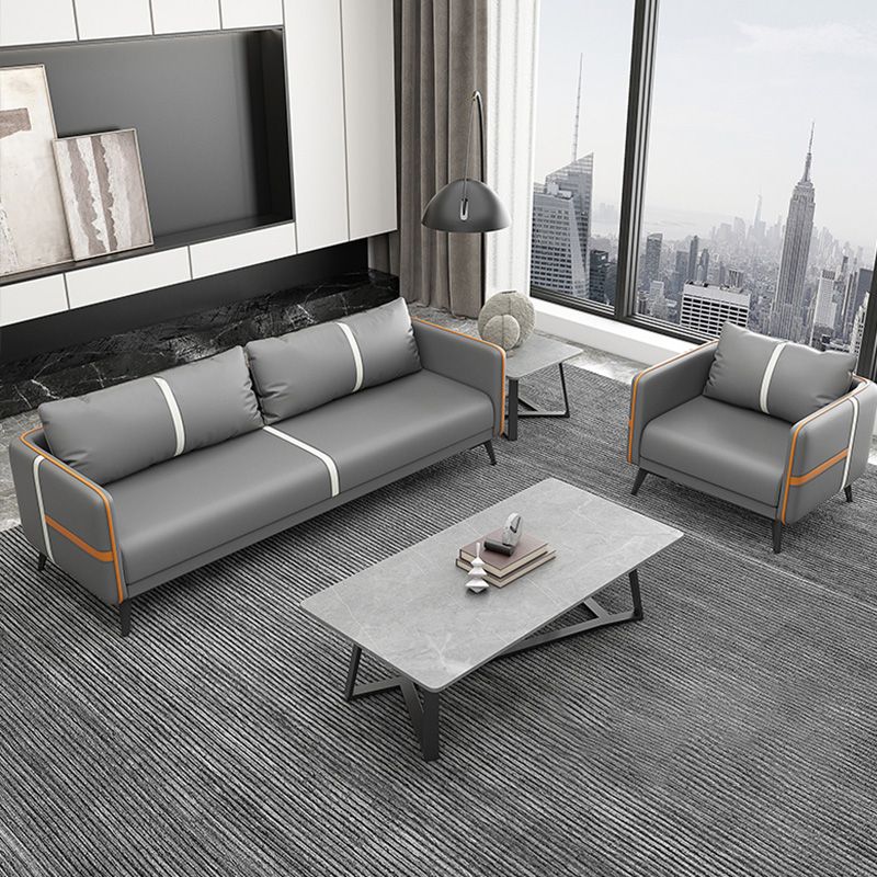 Contemporary Gray Sofa Faux Leather Square Arm Sofa with Pillows