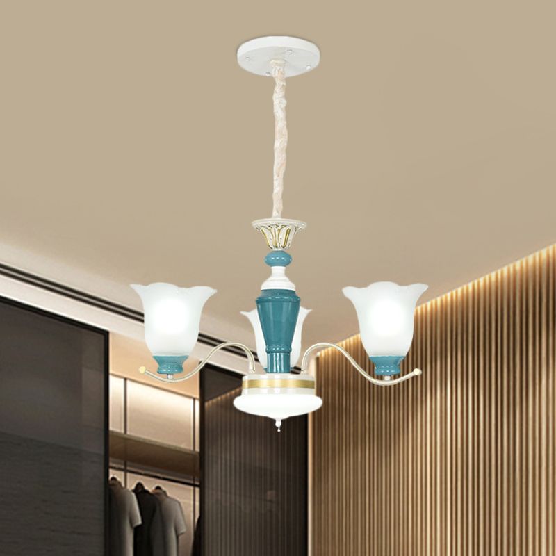 Green Flower Shade Ceiling Hang Fixture Countryside Style Cream Glass 3/6-Light Bedroom Pendant Chandelier