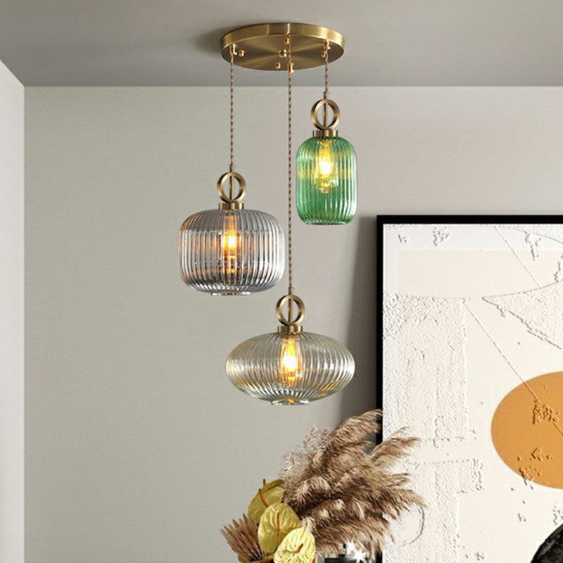 Pendante a sospensione multi-luce a forma geometrica moderna vetro a costola 3 lampadine in ottone sospensione lampada