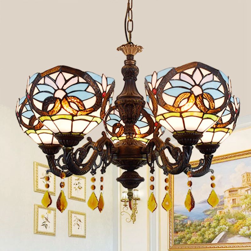 5 Heads Bowl Hanging Light Tiffany Style Stained Glass Chandelier Light with Crystal in Blue for Living Room