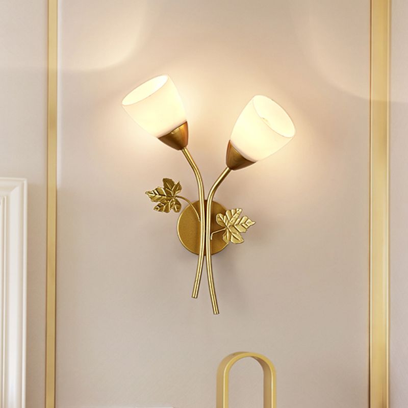 Floral Wall Lamp Modernist Milk Glass 2 Bulbs Black/Gold Sconce Light Fixture with Metal Leaf