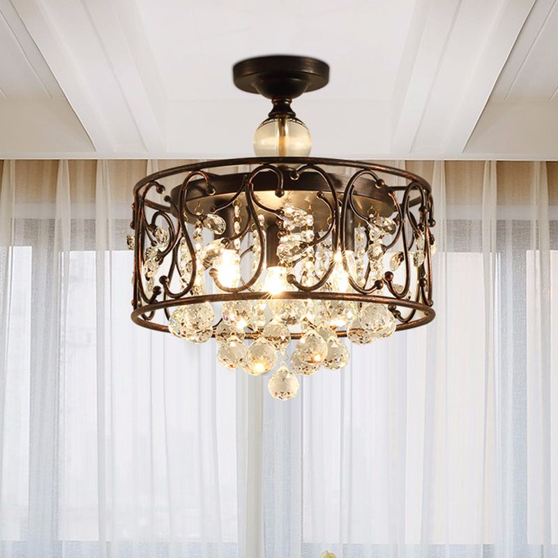 Drum Metal Ceiling Light Fixture Industrial 3 Bulbs Antique Copper Semi Flush Mount Lighting with Dropped Crystal Ball