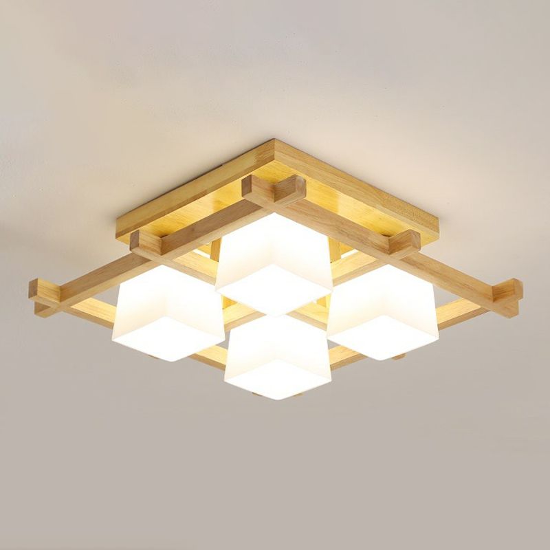 White Glass Cube Ceiling Flush Light Modern Style Semi Flush Mount Lighting with Wood Grid