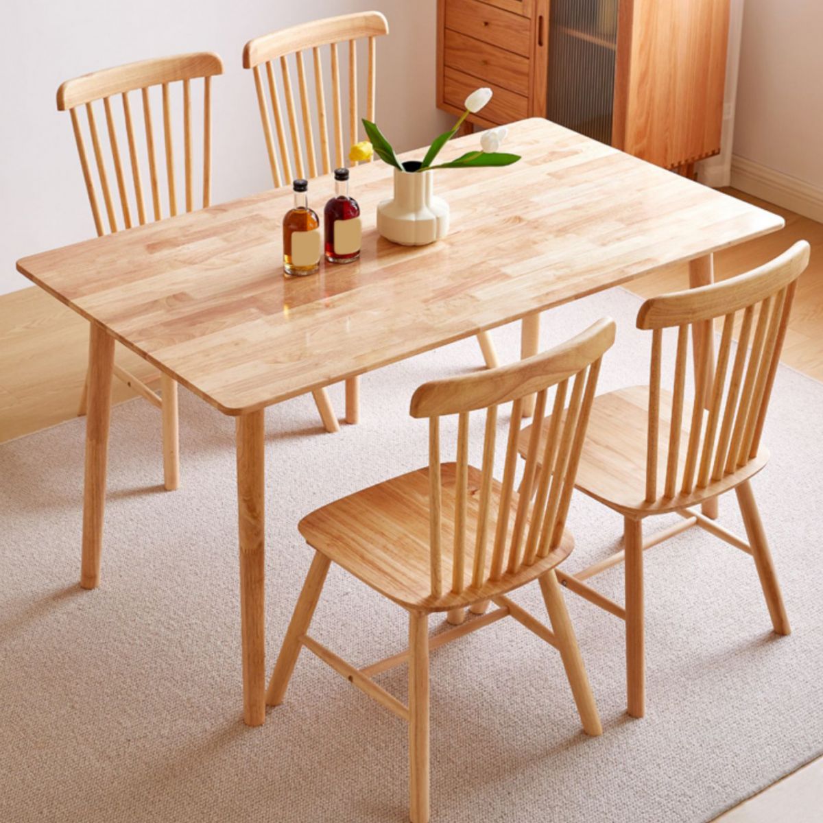 Minimalist Rubberwood Table and Chair Set 1/2/5/7 Pieces Rectangular Dining Table Set