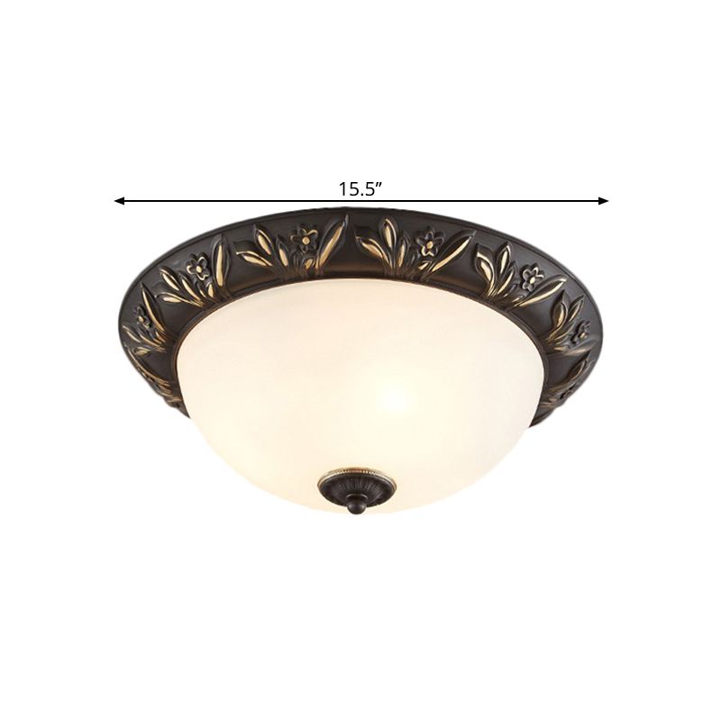 Frosted Glass Dome Flush Lamp Antiqued 12"/15.5" W 2/3-Head Bedroom Ceiling Fixture with Flower Edge Design in Brass/Black and Gold