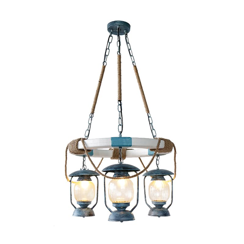 3 Lights Chandelier Lighting Factory Lantern Clear Glass Hanging Light Fixture in Blue