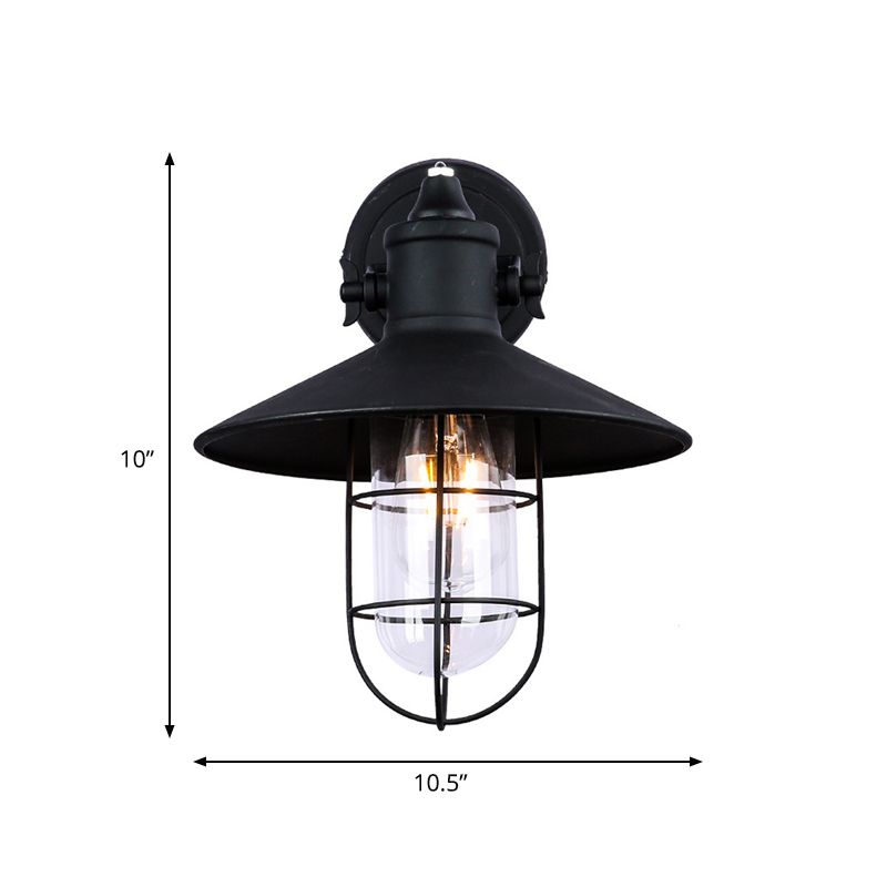 Black Finish Wire Cage Wall Lighting Industrial Metal 1 Light Coffee Shop Wall Mount Sconce with Clear Glass Shade