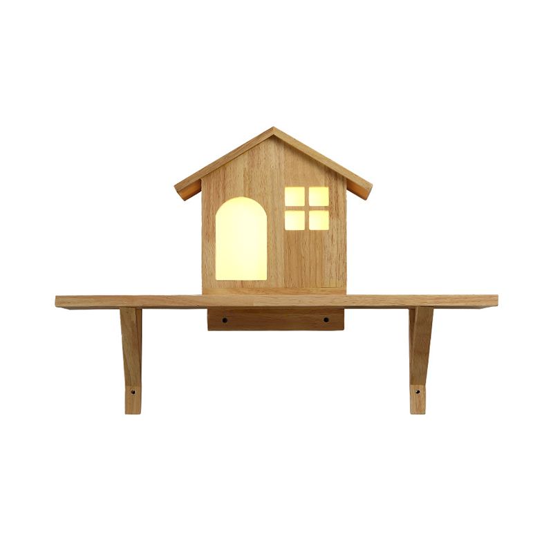 Beige Lodge Wall Lamp Fixture Nordic Wooden LED Wall Sconce with Storage Shelf, Warm/White Light