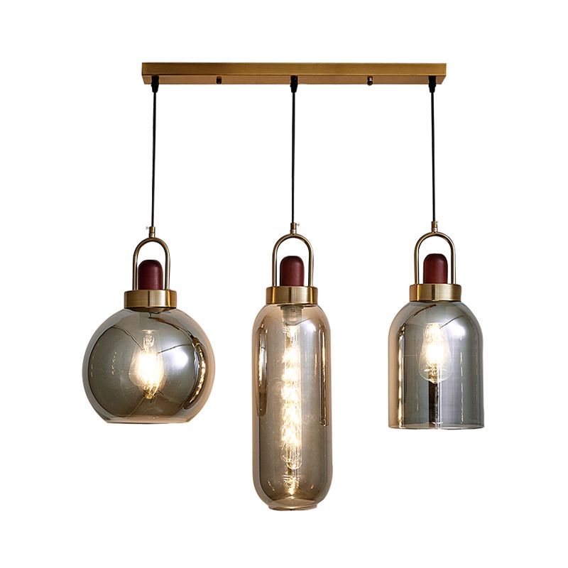 Grey Grey Glass Geometric Cluster Pendant Light Light Minimaliste Kit de lampe suspendue marron à 3 tête pour salle à manger