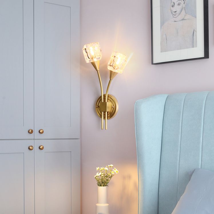 2-Light Gold Wall Lamp in Modern Luxury Style Copper Wall Sconce with Crystal Shade