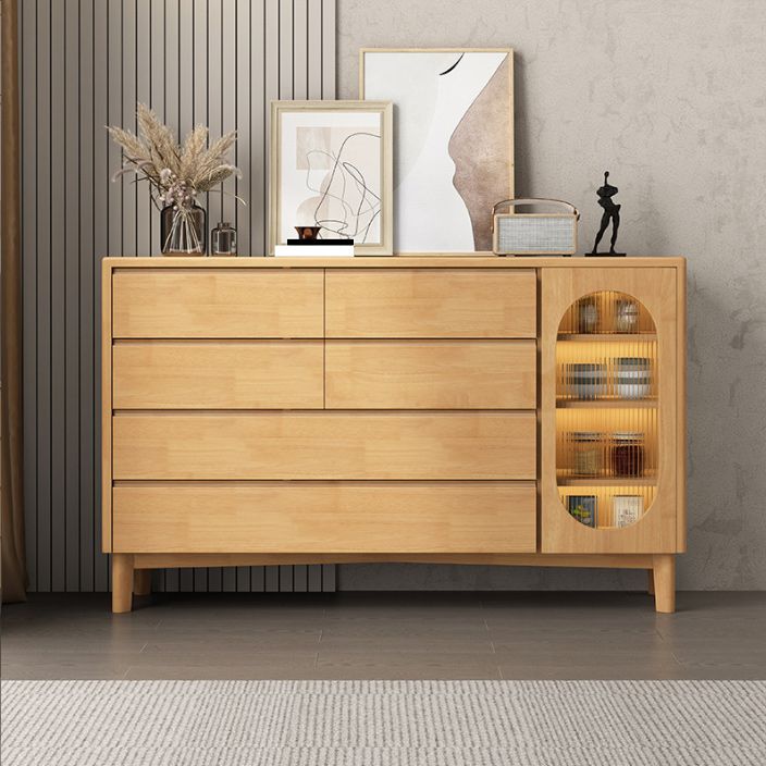 1-Door and 6-Drawer Chest Rubberwood 47.2" Wide Cabinet with Rattan Accent