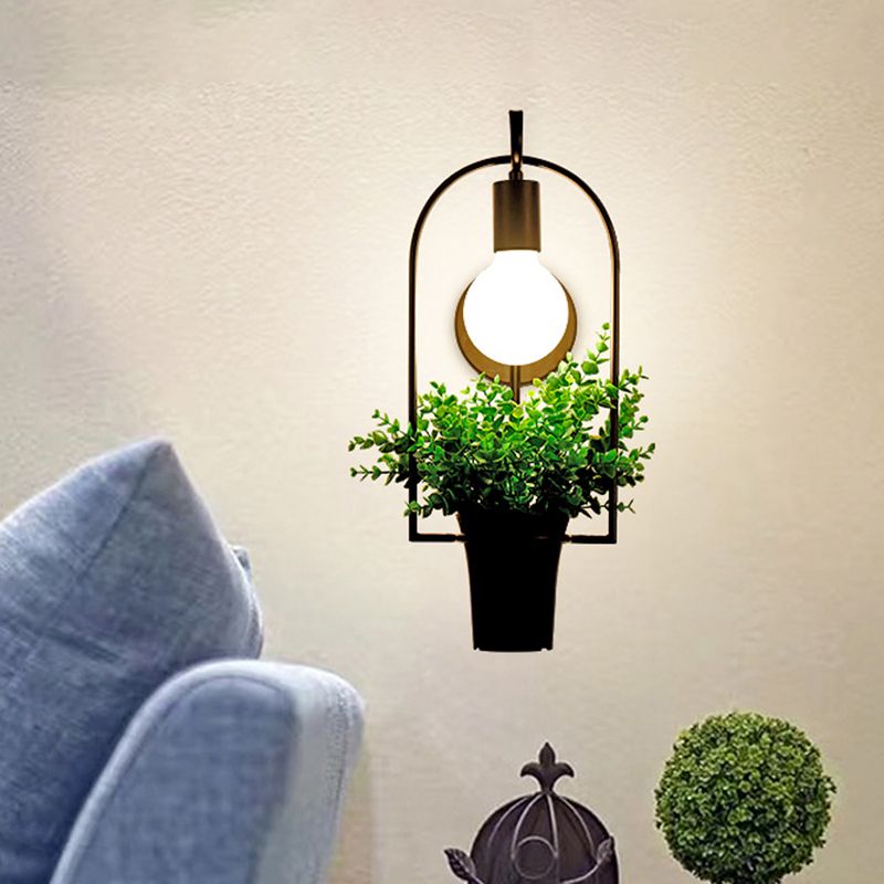 Luz de montaje de pared de forma geométrica 1 cabeza 1 cabezal lámpara de pared de hierro con decoración de plantas en negro