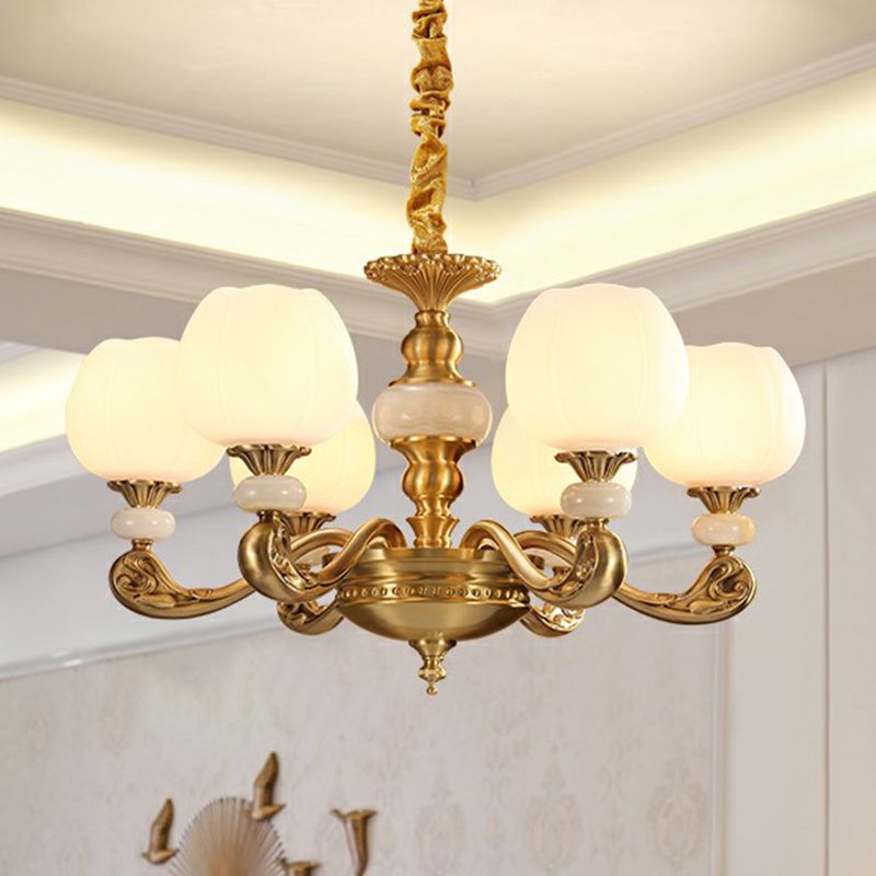 6-Bulb Chandelier Lighting Traditional Ivory Glass Flowerbud Hanging Ceiling Light in Gold