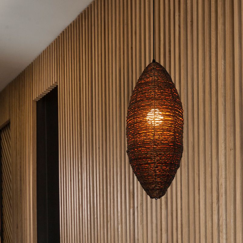Cocoon Shaped Rattan Suspension Light Modernist 1-Bulb Coffee Finish Ceiling Pendant Lamp