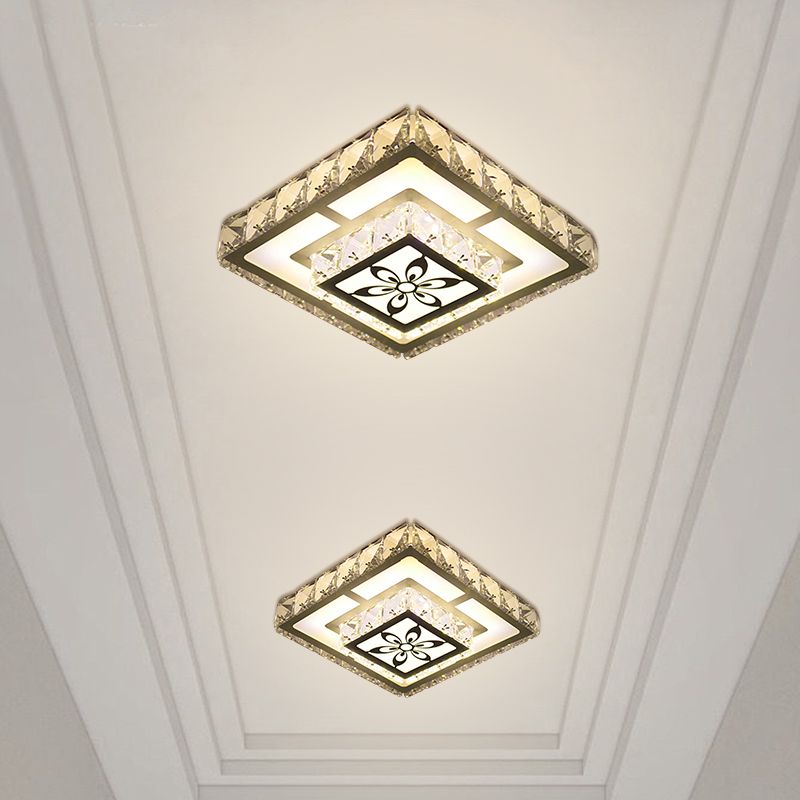 Modernist Round/Square Flush Light Beveled Crystal LED Corridor Ceiling Fixture in White with Flower Pattern, Warm/White Light