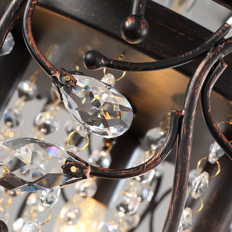 3-Lights Drum Ceiling Light with Romantic Crystal Drops Design Wrought Iron Semi Flush-mount Lighting Fixture in Rust