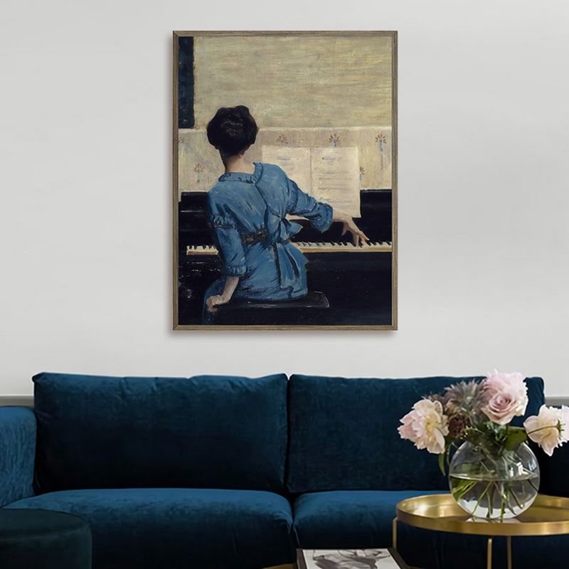 Gemälde „Sitzendes Mädchen und Klavier“ im Vintage-Stil, strukturierte Leinwand-Wanddekoration in Blau